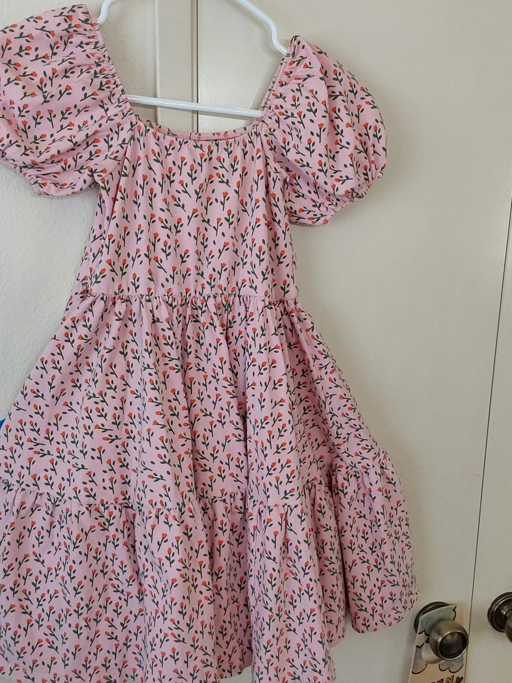 Girls Pink Floral Puff-Sleeve Tiered Casual Dress
